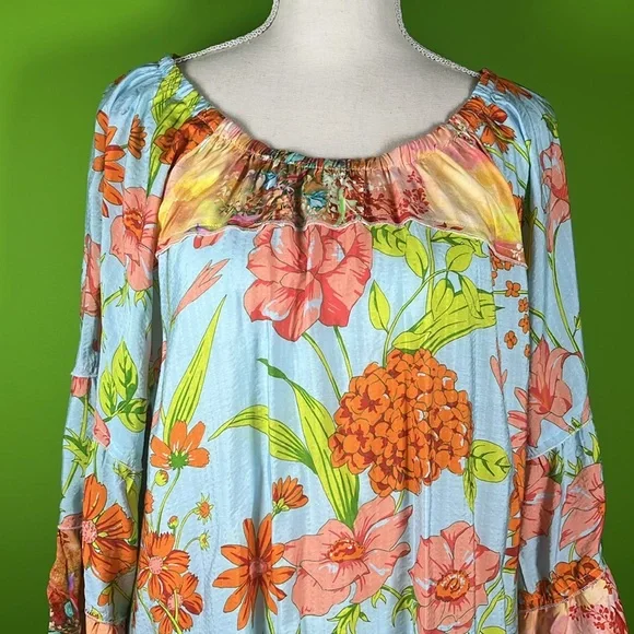 Calessa Top Blouse Floral Print Colorful Ruffle Sleeve Light Blue Orange 1X - Picture 2 of 5